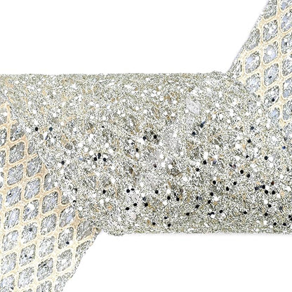 VATIN 6" Champagne Christmas Ribbon, Silver Glitter Mesh Diamond Web Sequin Dots Wired Christmas Ribbon for Gift Wrapping Bow Making Wreath Supply-10 Yards