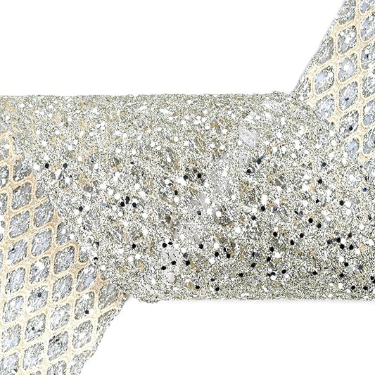 VATIN 6" Champagne Christmas Ribbon, Silver Glitter Mesh Diamond Web Sequin Dots Wired Christmas Ribbon for Gift Wrapping Bow Making Wreath Supply-10 Yards