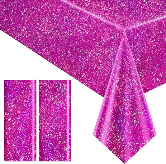 2 Pcs Fuchsia Red Holographic Plastic Tablecloths Laser Table Covers 40" x 108" Foil Disposable Table Cloths for Themed Birthday Party Wedding Christmas Holiday Party Decorations
