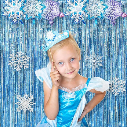 BRAVESHINE Light Blue Tinsel Foil Fringe Curtains - 2Pcs 3.2x8.2 ft Metallic Holiday Streamers Backdrop for Christmas/Winter’s Snowflake/Frozen/Birthdays/Mermaid/Bachelorette/Engagement Party Decor