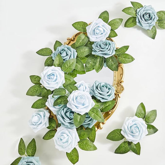 Artificial Flowers, 50pcs Blue Artificial Rose for DIY Wedding Bouquets Centerpieces Arrangements, Fake Flower with Stems for Party Home Decorations