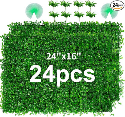 24PCS Boxwood Panels, 24"x16" Artificial Boxwood Hedge Panels, Grass Wall Panels, UV Protected Suitable for Garden, Fence, Backyard Wall Decoration