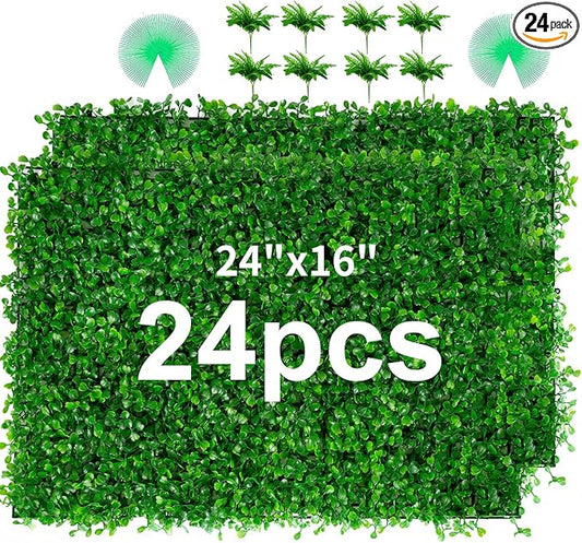 24PCS Boxwood Panels, 24"x16" Artificial Boxwood Hedge Panels, Grass Wall Panels, UV Protected Suitable for Garden, Fence, Backyard Wall Decoration