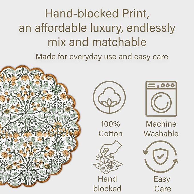 Ridhi Goldenrod Yellow Spring Place Mat Double Layer Floral Cotton Washable Placemats 15" Round Embroidery Block Print Table Mat (Pack of 4-15 Inch Round)
