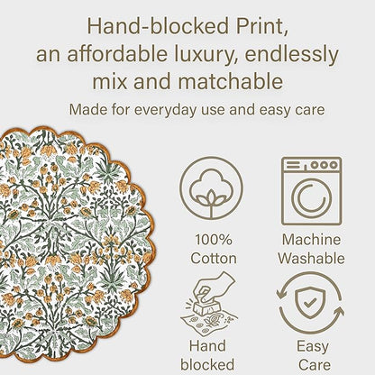 Ridhi Goldenrod Yellow Spring Place Mat Double Layer Floral Cotton Washable Placemats 15" Round Embroidery Block Print Table Mat (Pack of 4-15 Inch Round)