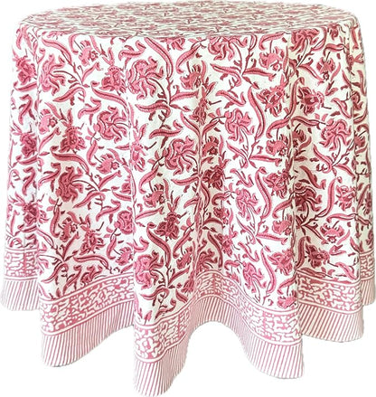 ATOSII Red Bloom 100% Cotton Round Boho Fall Tablecloth, Handblock Floral Table Cloth Linen for Kitchen Dining I Parties Wedding Outdoors Easter Thanksgiving I Fall Home Decor 60" Inches Round