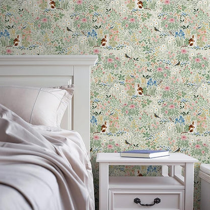 Heroad Floral Peel and Stick Wallpaper Light Green Wallpaper Boho French Country Contact Paper Cat Birds Removable Self-Adhesive Wall Paper for Bedroom Kitchen Cabinets Decoration Vinyl 17.3”x393”