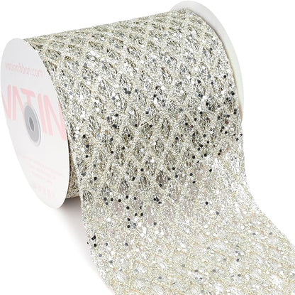 VATIN 6" Champagne Christmas Ribbon, Silver Glitter Mesh Diamond Web Sequin Dots Wired Christmas Ribbon for Gift Wrapping Bow Making Wreath Supply-10 Yards