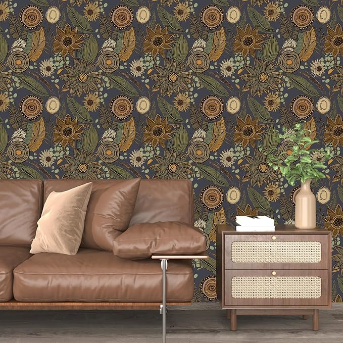 Boho Wallpaper Peel and Stick, Vintage Blue Yellow Floral Contact Paper, Botanical Flowers Antique Retro Wall Paper 17.5" x 118" Self Adhesive Removable Waterproof for Walls Shelves Cabinet Table