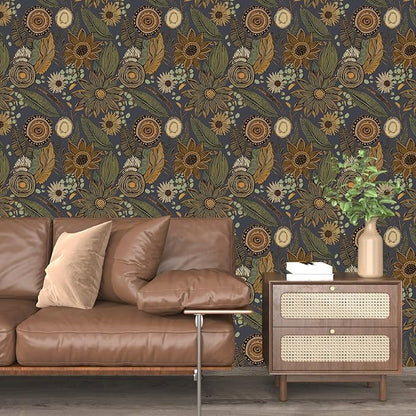 Boho Wallpaper Peel and Stick, Vintage Blue Yellow Floral Contact Paper, Botanical Flowers Antique Retro Wall Paper 17.5" x 118" Self Adhesive Removable Waterproof for Walls Shelves Cabinet Table