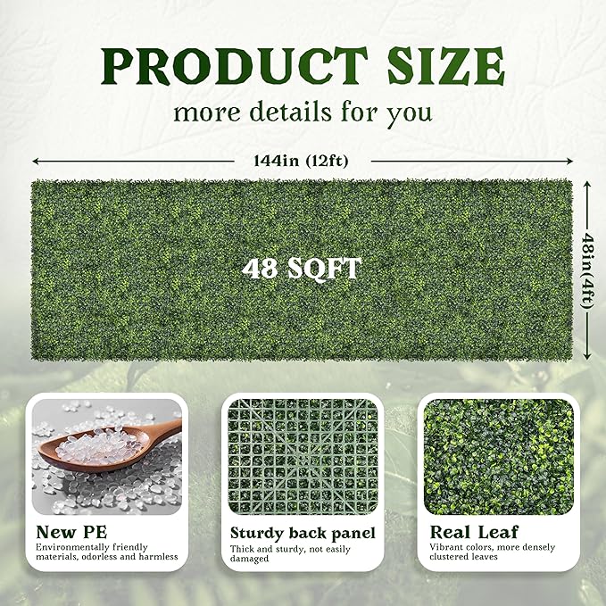 Artificial Boxwood Roll Panel Backdrop: 48"X144" UV-Anti Greenery Faux Grass Wall Hedge for Indoor Outdoor Green Decor & Backyard Background Decorations Fence Covering Privacy