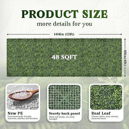 Artificial Boxwood Roll Panel Backdrop: 48"X144" UV-Anti Greenery Faux Grass Wall Hedge for Indoor Outdoor Green Decor & Backyard Background Decorations Fence Covering Privacy