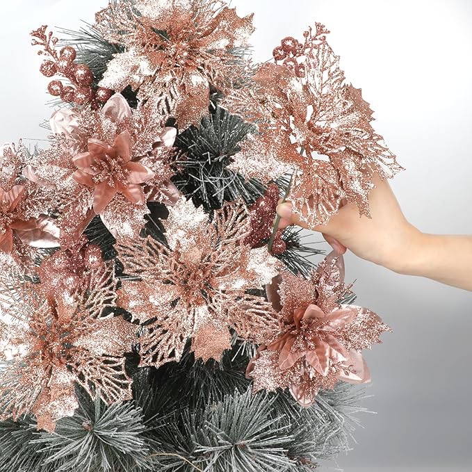 22 Pcs Rose Gold Christmas Poinsettia Artificial Flowers and Glitter Berries Stems Kit, Christmas Poinsettias Decorations and Christmas Tree Ornaments for Xmas Home Wedding Holiday Tree Decor