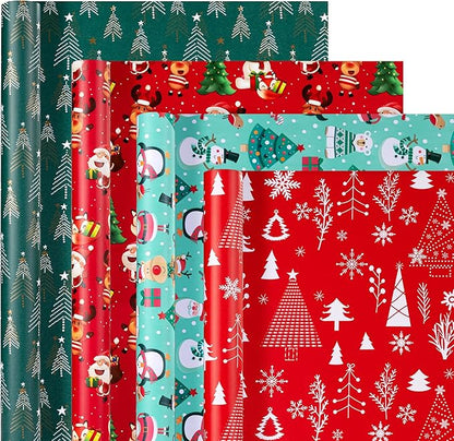 Christmas Wrapping Paper (4 Rolls, 148 sq. ft. ttl): Funny Snowmen, Snowflakes, Reindeer, Bear, Christmas Trees and Santa Claus with Gifts Design for Holiday Gift Wrap- 30 Inches x 14.8 Feet Per Roll