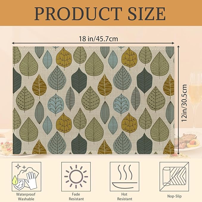 Placemats Set of 6, Autumn Leaves Abstract Leaf Linen Place Mats,Modern Washable Table Placemats 12"x18" Heat Resistant Table Mats for Dining Kitchen Party Holiday Decoration