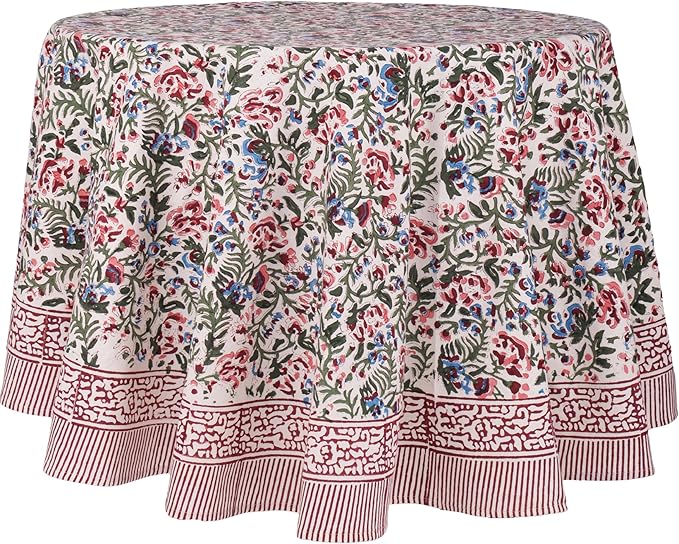 ATOSII Ambrosia 100% Cotton Round Boho Fall Tablecloth, Handblock Floral Table Cloth Linen for Kitchen Dining I Parties Wedding Outdoors Holidays I Fall Home Decor 60" Inches Round