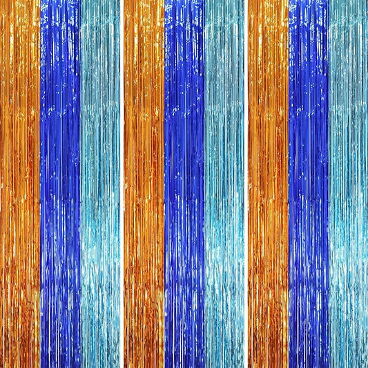 3 Pack 3.3 x 8.2 ft Blue Orange Foil Fringe Backdrop Curtains, Tinsel Streamers Party Decorations, Fringe Backdrop, Door Shimmer for Birthday Party