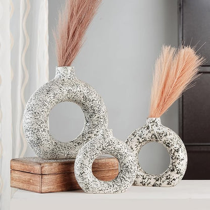 Ajuny Donut Vase Set of 3 – White & Grey Ceramic Hollow Vases for Pampas Grass, Modern Boho Home Decor, Table Centerpiece, Wedding, Living Room, Office, Bedroom (8", 6", 4")