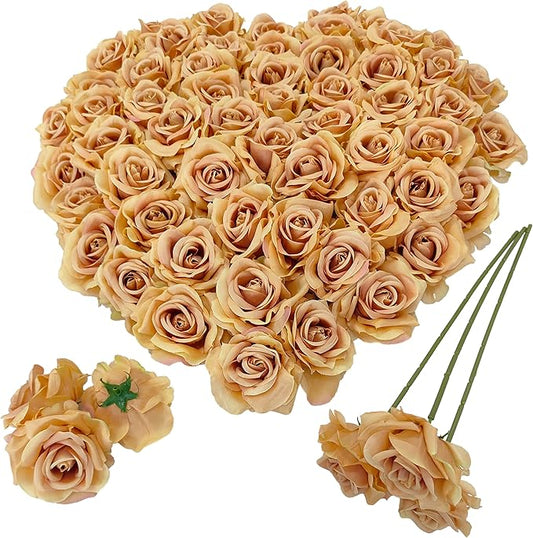 Artificial Satin Rose Flower Heads,48 Pcs Silk Rose Heads with Stems,3.3'' Rose Artificial Flowers Bulk,Artificial Rose Flower Heads for DIY Crafts Bouquet (48, Toffee)