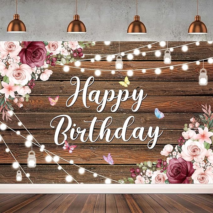 YinQin 180x120 cm Rustic Wood Flower Birthday Backdrops Photo Cloth 71x47 inch Happy Bday Photography Backgrounds Wooden Floral Butterfly Happy Birthday Sign Banner Decoration for Women Girl