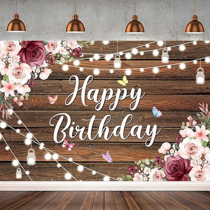 YinQin 180x120 cm Rustic Wood Flower Birthday Backdrops Photo Cloth 71x47 inch Happy Bday Photography Backgrounds Wooden Floral Butterfly Happy Birthday Sign Banner Decoration for Women Girl