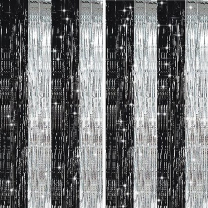 TONIFUL Silver Black Door Streamers,Silver and Black Photo Booth Backdrop Metallic Streamers Foil Fringe Curtain for Birthday,New Year,Graduation,Grad,Bachelorette Party Streamers Decoration