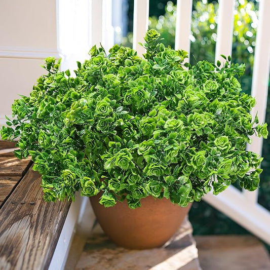 HyeFlora Artificial Plants for Outdoors Outside Spring Summer Decoration, 12 Bundles Faux Green Plastic Leaves Stems Bulk Fake Greenery Look Real UV Resistant for Home Porch Patio Planter Yard Wedding
