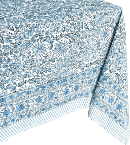 ATOSII Butterfly Blue 100% Cotton Rectangle Summer Tablecloth, Handblock Floral Print Linen Table Cloth for Kitchen Dining I Parties, Weddings, Outdoors, Decor 60 X 90 Inches, 6 Seater