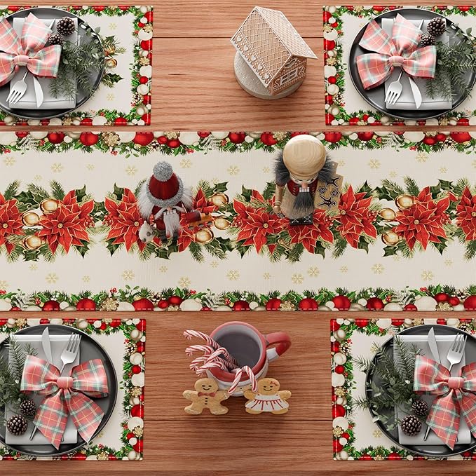 XCHI Christmas Poinsettias Leaves Bells Snowflakes Winter Xmas Table Runner Table Decoration for Home Kitchen Dining Holiday Decor 13x108 Inch