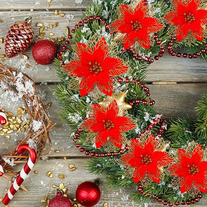 Geosar 24 Pieces Christmas Glitter Poinsettia Flowers Layered Artificial Xmas Flowers Wedding Christmas Tree New Year Ornaments 3/4/6 Inch(Red)
