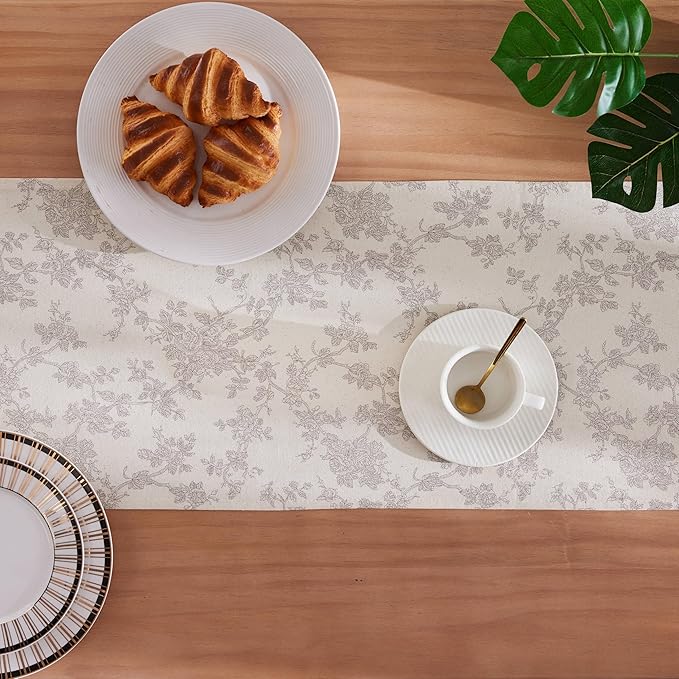 100% Cotton French Pastoral Table Runners, 13x48 Inch Grey Farmhouse Table Runners 48 Inches Long, Vintage Flowers Print Home Decors