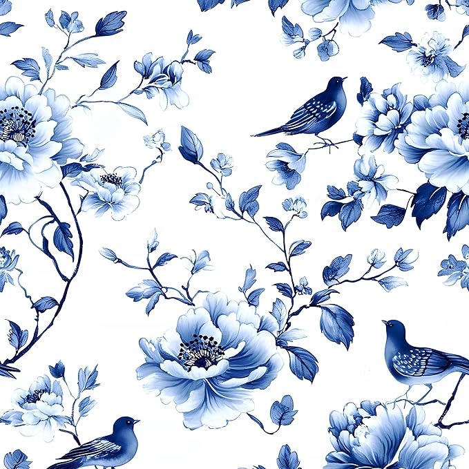 Blue Bird Wallpaper Peel and Stick, Vintage Floral Contact Paper 17.5in x32.8ft Modern Wall Mural Boho Wall Paper Self Adhesive Removable Waterproof for Bathroom Bedroom Cabinet Drawer Kitchen Decor