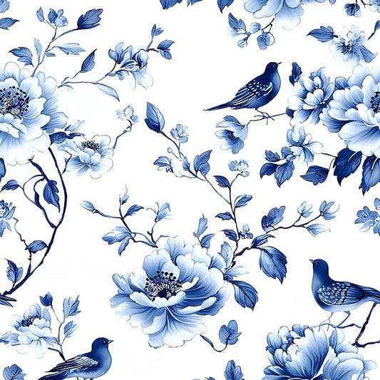 Blue Floral Wallpaper Peel and Stick Vintage Bird Leaf Contact Paper Self Adhesive Removable Modern Wall Mural Boho Wall Paper for Room Walls Cabinet Kitchen Decor 17.5in x9.8ft