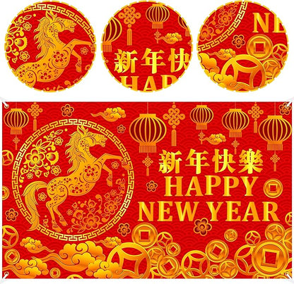 Chinese New Year Party Backdrop Happy 2026 Chinese New Year Party Background Decorations Lunar Year of The Horse Theme Photography Backdrop for 2026 Spring Festival Party Supplies