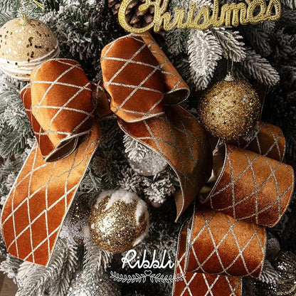 Ribbli Copper Brown Velvet Ribbon Wired with Glitter Diamond Grid 4 Inch Terracotta Christmas Ribbon for Christmas Tree Decoration Big Bow Gift Wrapping Crafts Wreaths Garland Supplies - 10 Yards