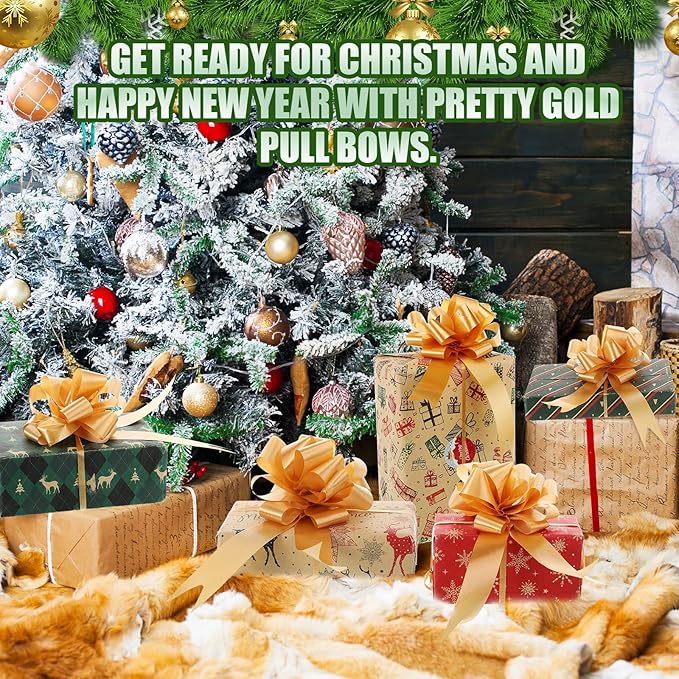 Yilloog 100 Pcs 5 Inch Christmas Pull Bows for Gift Wrapping, Gift Wrapping Pull Bows with Ribbon for Christmas Presents Wedding Decor Basket Bag Holiday Decor(Gold)