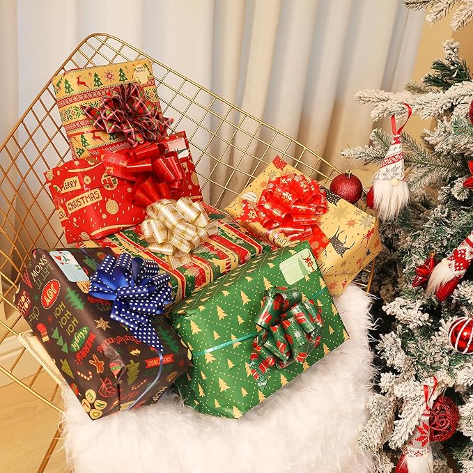 24PCS Christmas Bows for Gift Wrapping, 5” Xmas Pull Bows with Ribbon Wrap Accessory for Present, Florist, Bouquet, Hamper, Basket Decor, Easy to Assemble