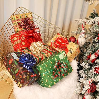 24PCS Christmas Bows for Gift Wrapping, 5” Xmas Pull Bows with Ribbon Wrap Accessory for Present, Florist, Bouquet, Hamper, Basket Decor, Easy to Assemble