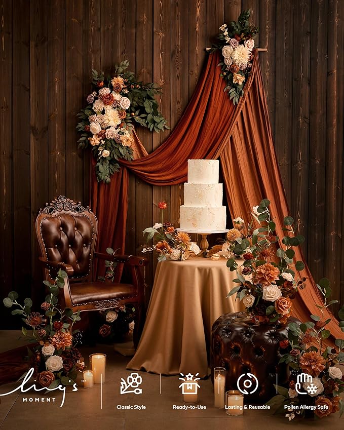 Ling's moment Fall Artificial Wedding Arch Flowers Kit Pack of 4, 2pcs Hanging Flower Arrangement 2pcs Drapes Ceremony Rose Arbor Backdrop Brunt Orange Terracotta Floral Party Autumn Outdoor Decor