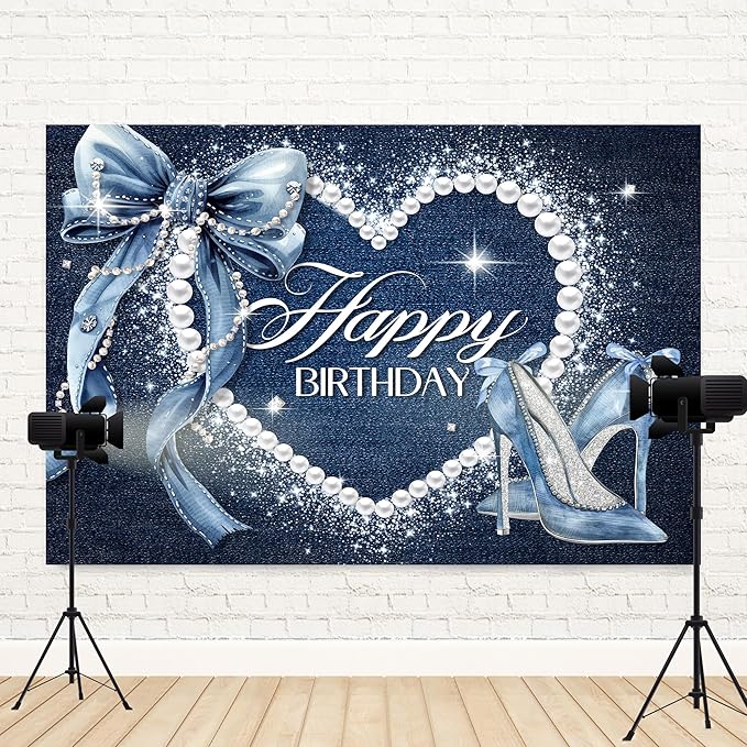 Denim and Diamonds Bow Backdrop 5Wx3H Photography Silver High Heels Happy Birthday Banner Pearl for Women Girls Background Blue Coquette Party Decorations Banner Photo Booth Props Supplies