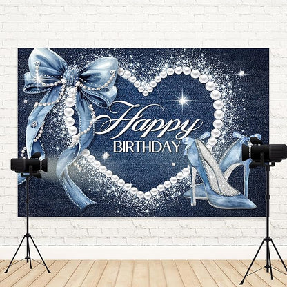 Denim and Diamonds Bow Backdrop 5Wx3H Photography Silver High Heels Happy Birthday Banner Pearl for Women Girls Background Blue Coquette Party Decorations Banner Photo Booth Props Supplies