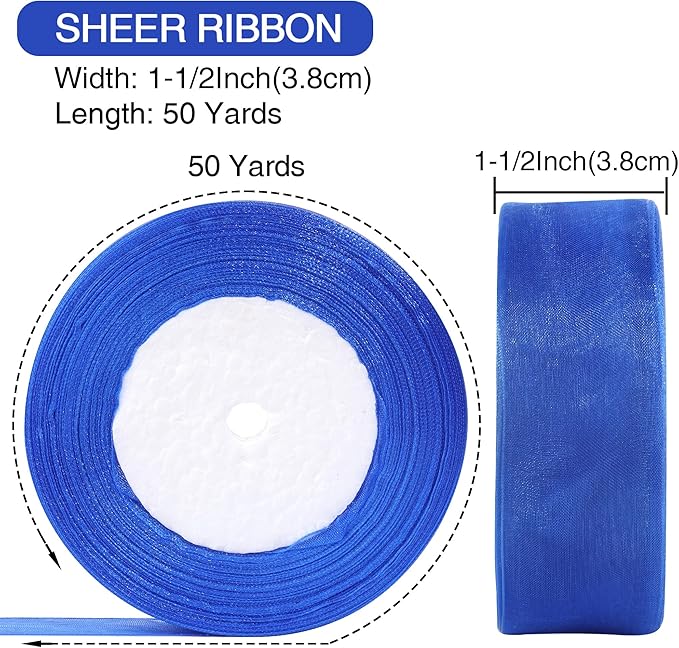 1-1/2 Inch x 50 Yards Sheer Organza Ribbon Chiffon Ribbon for Gift Wedding Flower Bouquet Wrapping Decorations Crafts (Royal Blue)