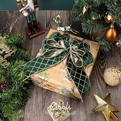 Ribbli Forest Green Velvet Ribbon Wired with Glitter Diamond Grid 2-1/2 Inch Christmas Ribbon for Christmas Tree Decoration Big Bow Gift Wrapping Crafts Wreaths Garland Supplies - 10 Yards