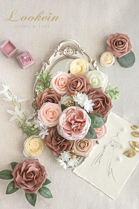 Lookein Artificial Flowers for DIY Wedding Decoration Bridal Bouquet Table Centerpieces Flower Wreaths Aisle Decoration Home Decor, Elegant Dusty Rose