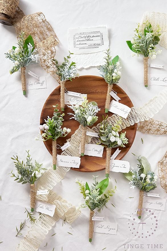 TINGE TIME Boutonniere for Men Wedding,Artificial Greenery Boutineers for Wedding Ceremony Anniversary, Formal Dinner Party and Rustic Spring Wedding Marriage (10, Fresh Green)