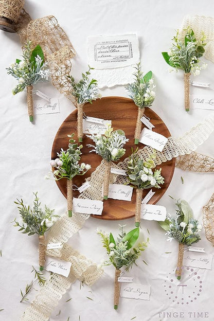 TINGE TIME Boutonniere for Men Wedding,Artificial Greenery Boutineers for Wedding Ceremony Anniversary, Formal Dinner Party and Rustic Spring Wedding Marriage (10, Fresh Green)