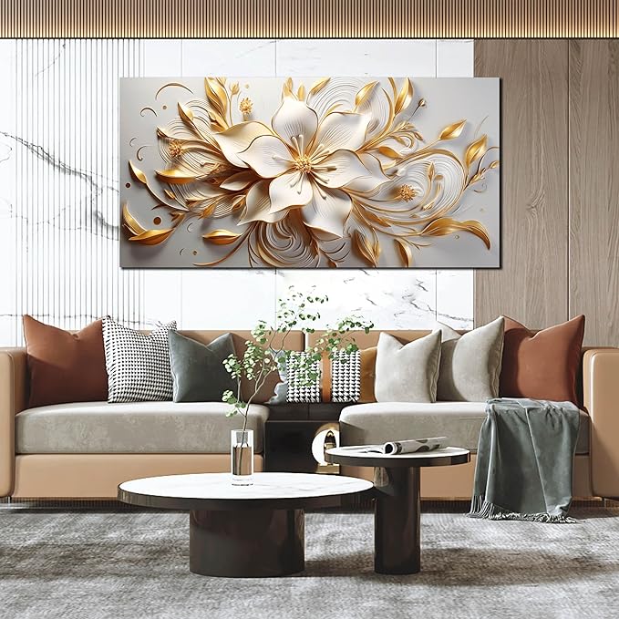 Flower Canvas Wall Art for Bedroom White and Gold Wall Decor for Living Room Wall Art for Dining Room Large Size 29" x 58"