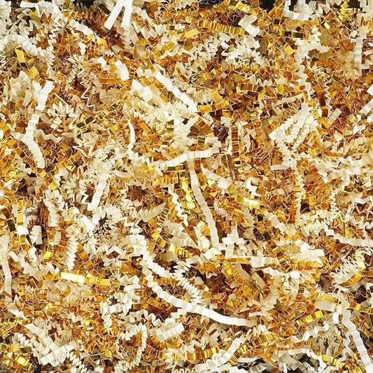 Uptotop 2 LB Crinkle Cut Paper Shred Filler for Gift Wrapping Basket Filling, Birthday, Christmas, Thanksgiving, Wedding, Mother's Day, White and Gold