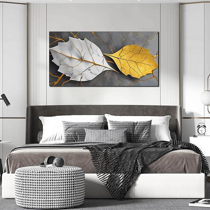Large Canvas Wall Art for Living Room Bedroom Office Gold and White Leaves Picture Modern Canvas Prints Grey Abstract Framed Wall Decor Size 24x48