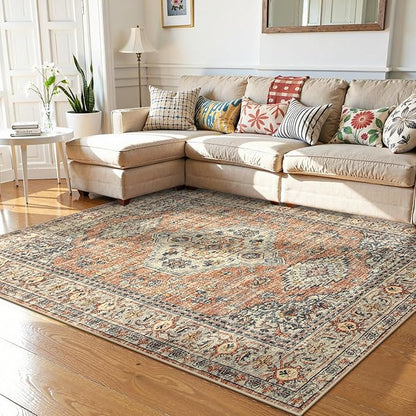 Lahome Oriental Washable Rugs 5x7, Soft 5x7 Rug for Bedroom Living Room, Ultra-Thin Non Slip Stain Resistant Vintage Throw Carpet for ‎Dining Room Office, Peach/Orange